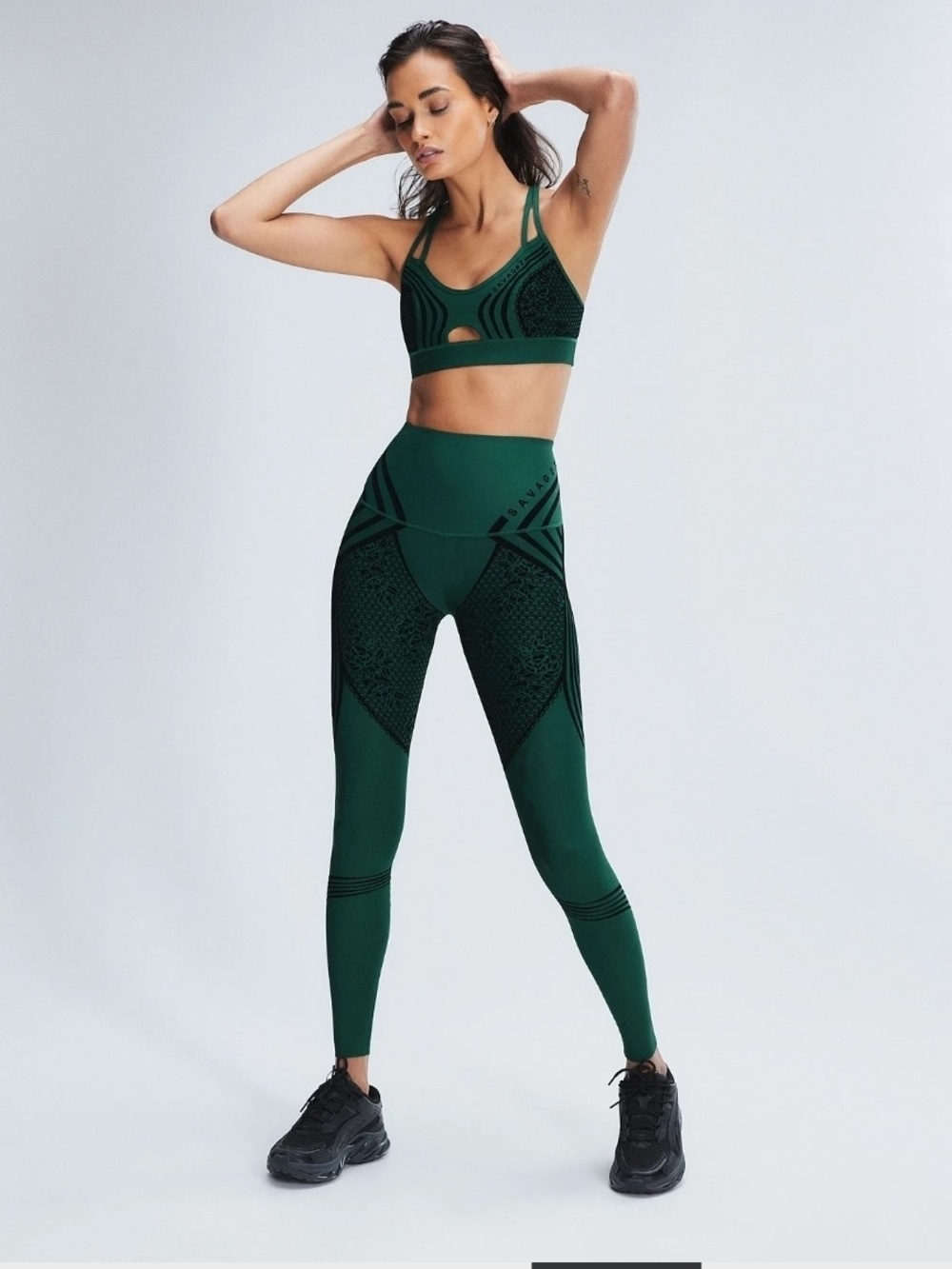 Savage X Fenty Botanical Green Sports Bralette & Leggings w Black Velvet Trim.
